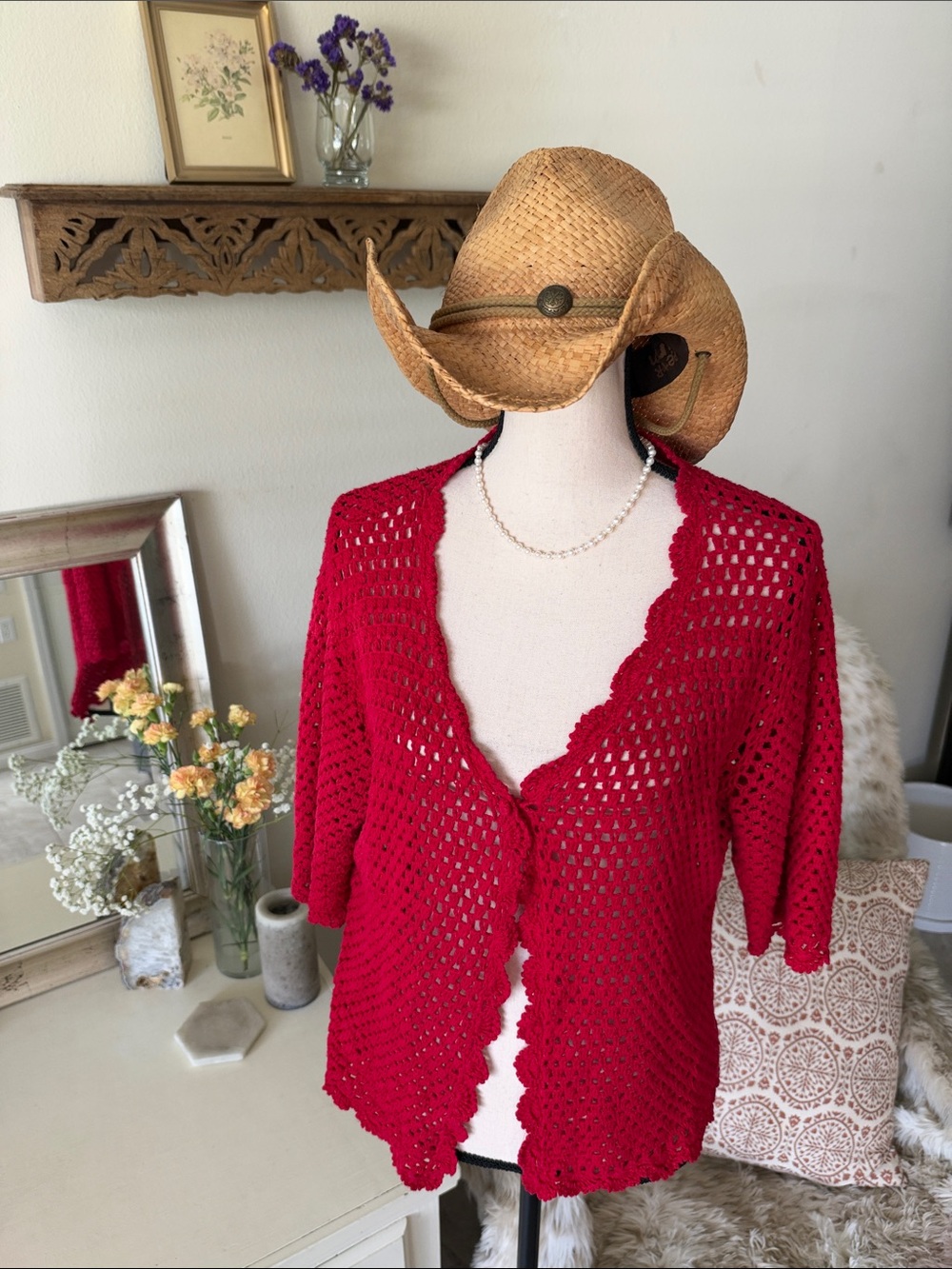 Norm Thompson red linen cotton, crochet knit, 3/4 sleeve sweater cardigan XL